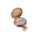 A George V 9ct gold full hunter pocket watch, with white enamel dial, black Roman numerals,