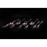 A set of six William IV silver forks and four tablespoons by William Eaton, the fiddle and thread