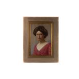 (John) Bernard Munns (1869-1942), an oil on canvas quarter length portrait of a lady in red dress,