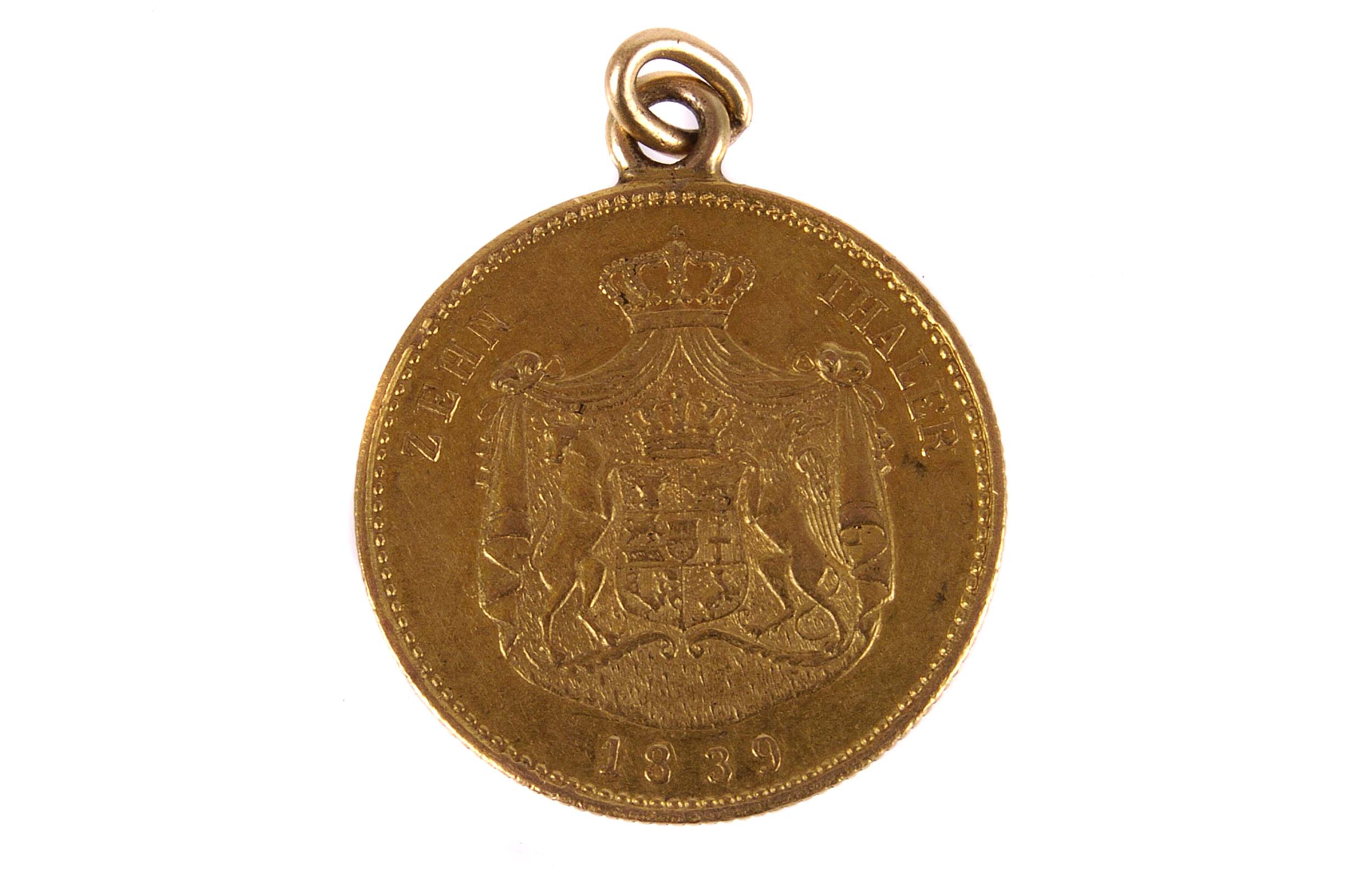 A 19th century German ten thaler gold coin, with applied loop mount, the obverse with coat of arms