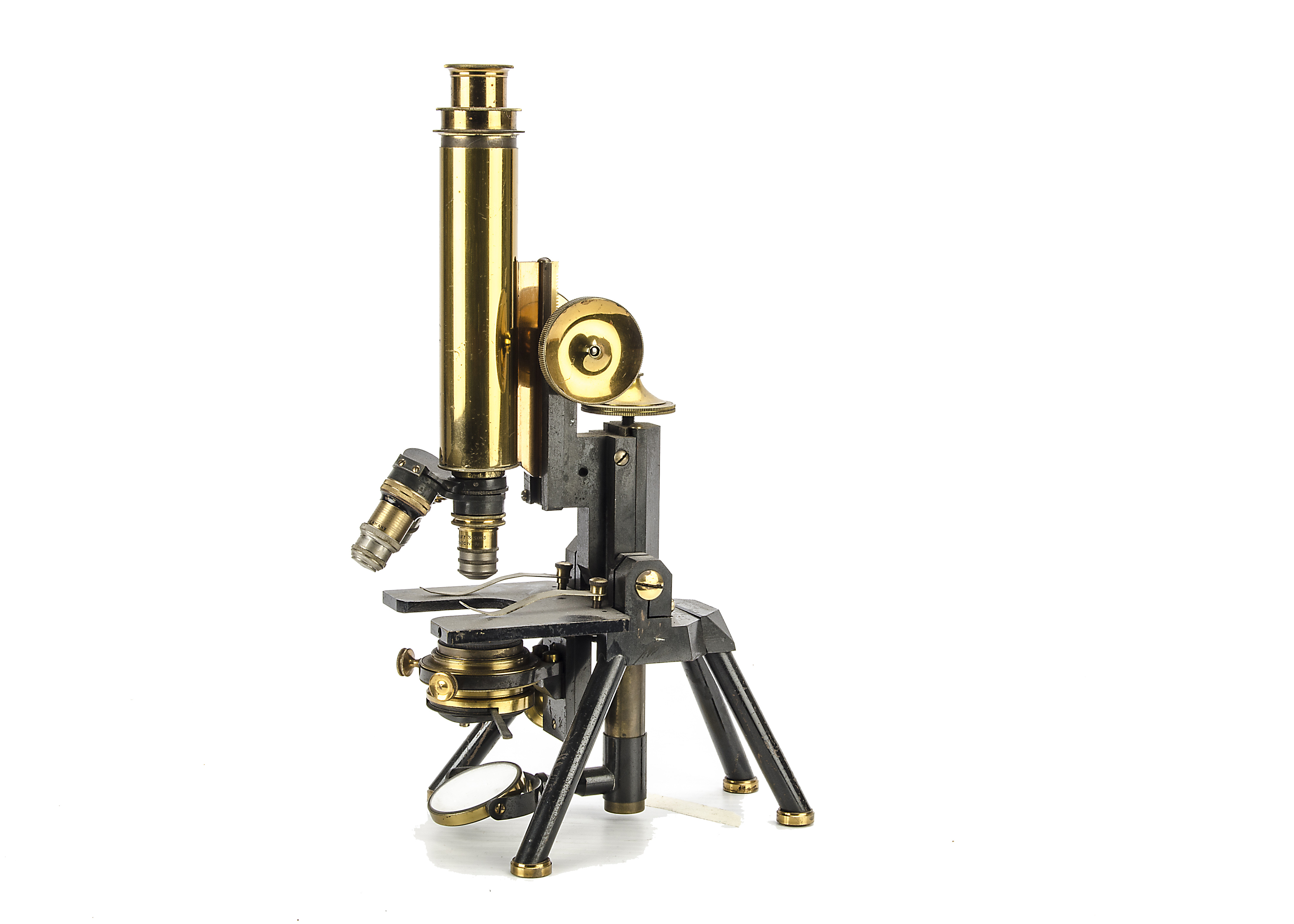 A J. Swift & Son Compound Monocular Microscope, black enamelled & lacquered brass, with triple