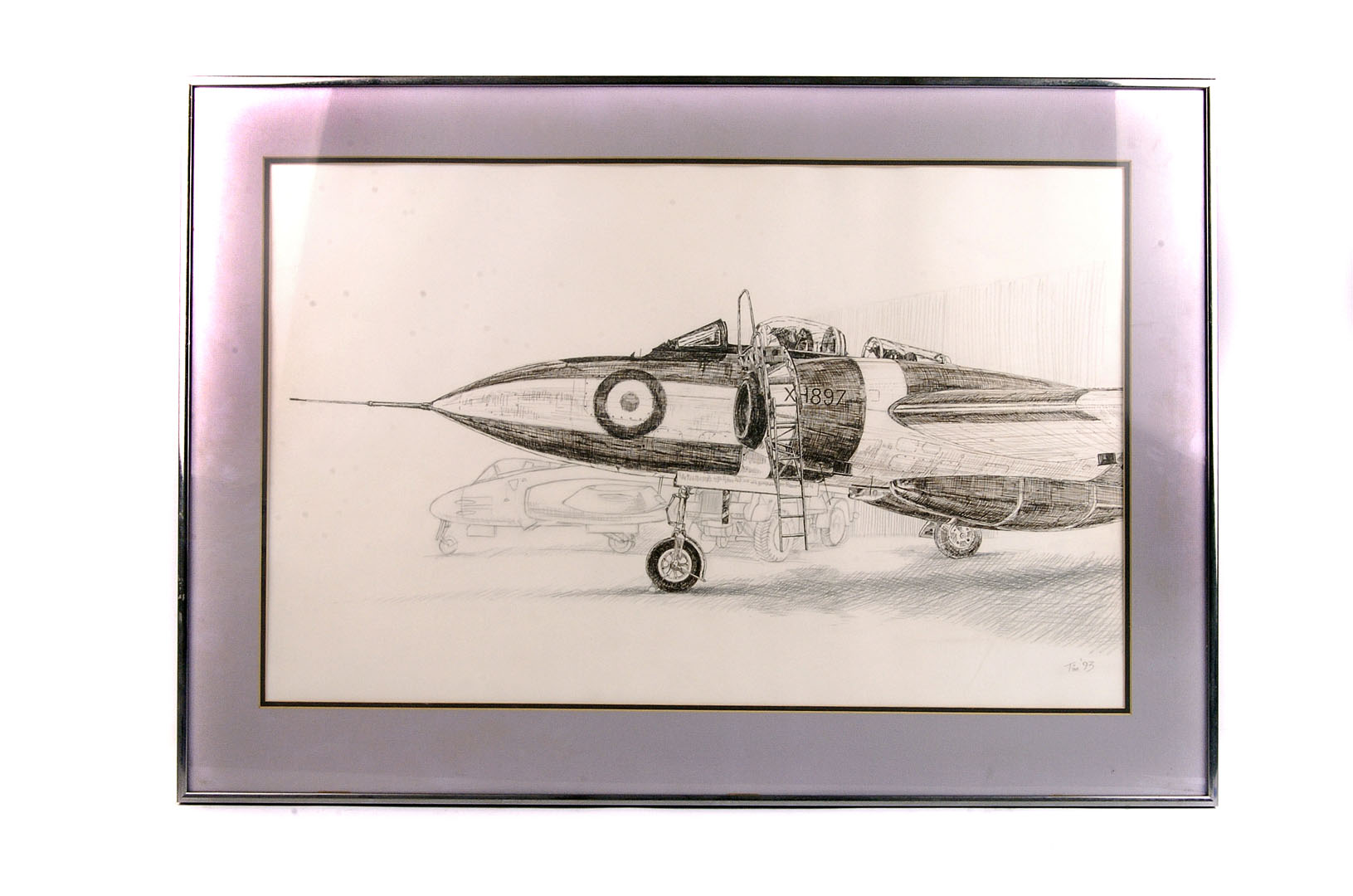 A pair of framed and glazed 1950s Jet Fighter pencil and ink sketches, comprising of a Gloster