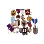 A large assortment of Masonic medallions and badges, including Hampshire and Isle of Wight, Royal