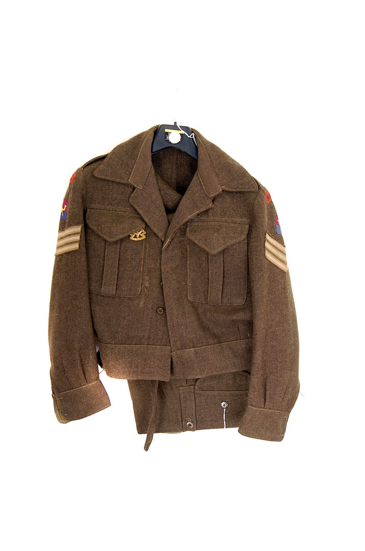 A WWII Royal Army Ordnance Corps Sergeant's jacket and trousers, having badge to breast and cloth
