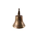 Battle of Jutland 'HMS Tiger' Souvenir Ship's Bell, c.1916, in case bronze with decorative finial