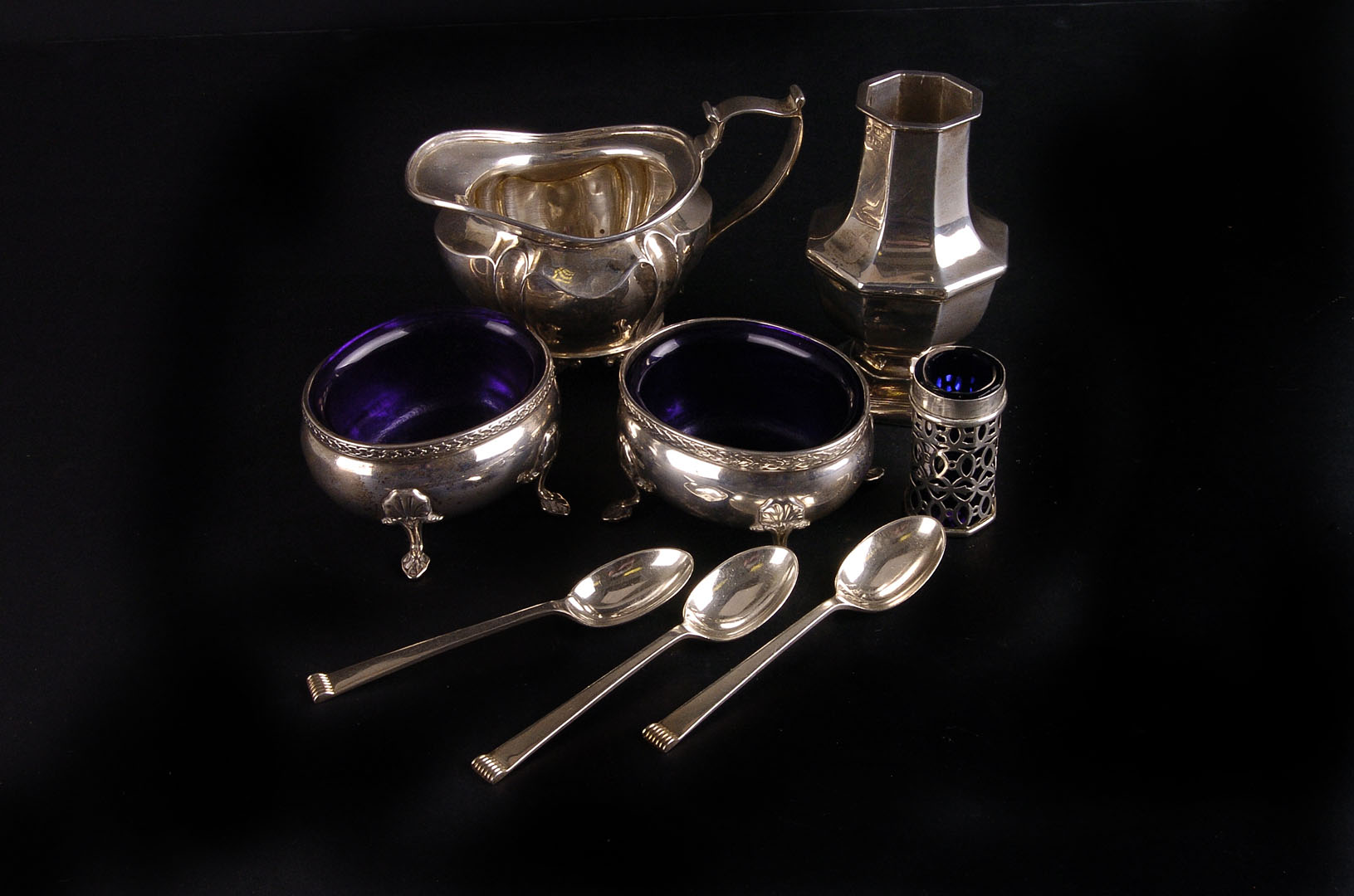 A collection of 20th century small silver,  including  a set of five teaspoons, a pair of salts with