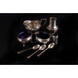 A collection of 20th century small silver,  including  a set of five teaspoons, a pair of salts with