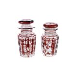 Two Bohemian style glass jars,   ruby flashed borders, and painted decoration, the larger 17cm high,