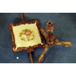 A Victorian walnut pole screen, AF, snapped at base, with embroidered panel in ornate surround, on