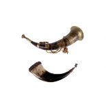 Of Hunting interest: a silver mounted animal horn hunting horn, having applied decoration,