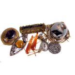 An interesting group of 19th century and later jewellery, including a pair of pinchbeck pendants,