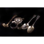 A collection of George II silver and later plate including a pair of Victorian tablespoons by