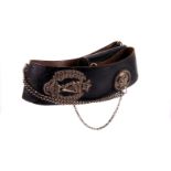 A Royal Irish Rifles leather belt, having applied Birmingham 1881 silver brooches, whistle on chain,