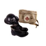 A selection of various military items, to include an ARP Chiefs helmet, an Air Training Corps beret,