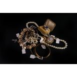 A collection of costume jewellery and watches, including a 9ct gold cased ladies wristwatch, several