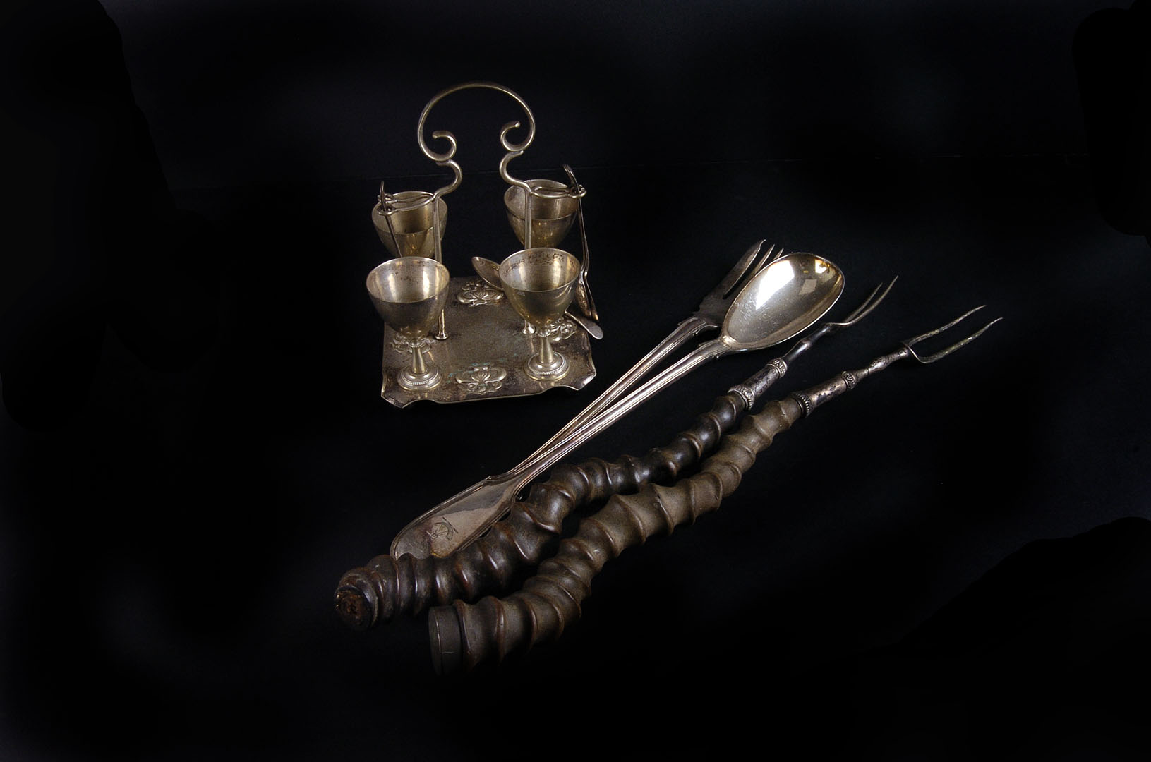 A pair of silver plated serving forks,  with addax horn handles, together with a further group of