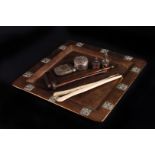 A selection of various items, including silver top pill box, ivory glove stretcher, a vesta, pens, a