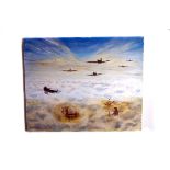 S Cowling, oil on canvas, entitled 'Eagles Flying', showing bombers to the top with flying eagle,