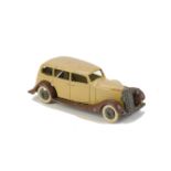 A Pre-War Dinky Toys 30d Vauxhall Saloon, tan body, brown open chassis, plain smooth hubs, egg box