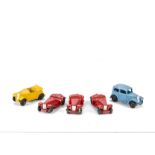 35 Series Dinky Toys, 35a Saloon Car, blue body, 35c MG Sports Car, red body (3), 35d Austin