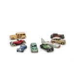 Dinky Toy Cars, 40e Standard Vanguard, fawn body and hubs, 38f Jaguar SS100, dark blue body, 222