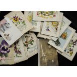 Postcards, WWI, 18 embroidered silk cards, mostly floral ,together with 38 mixed, comical cartoon,