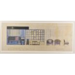 A framed print of an architect's sketch, 2 Hans Studios, Chelsea, Feb 1917', 70 x 30cm, framed and