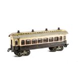 A Bing Gauge 1 English-Market Clerestory Dining Car: in brown and cream with red window surrounds,