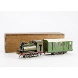 A Bonds/Scratchbuilt O Gauge 3-rail electric 0-6-0 Saddle Tank Locomotive and Coach: painted in SR