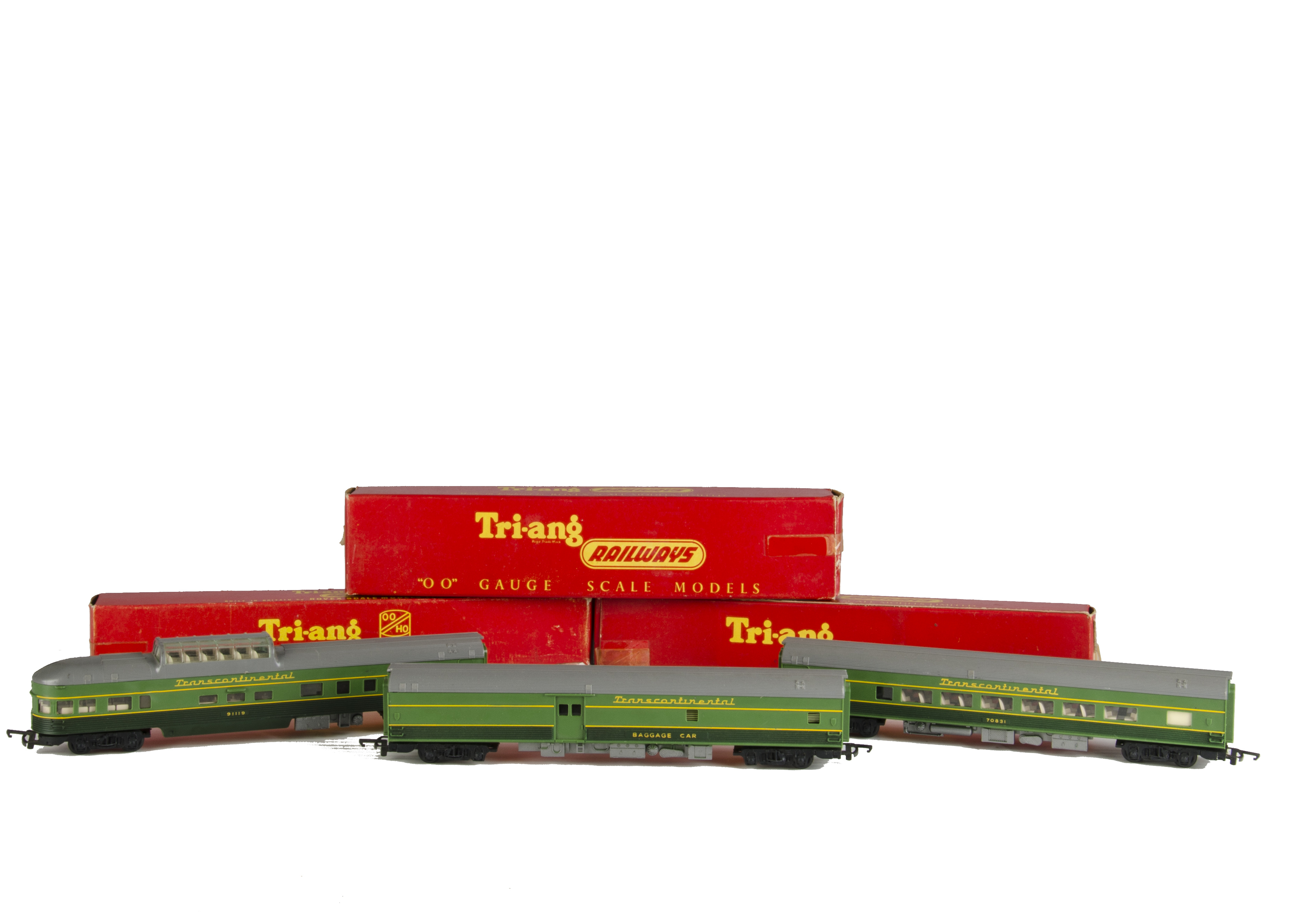 Tri-ang Railways 00 Gauge TC Two-Tone green Coaches: R335 70831 Coach, R336 Observation Car and R337