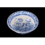 A Pair of Spode Blue & White bowls, matching country scenes of a fortified bridge over a river