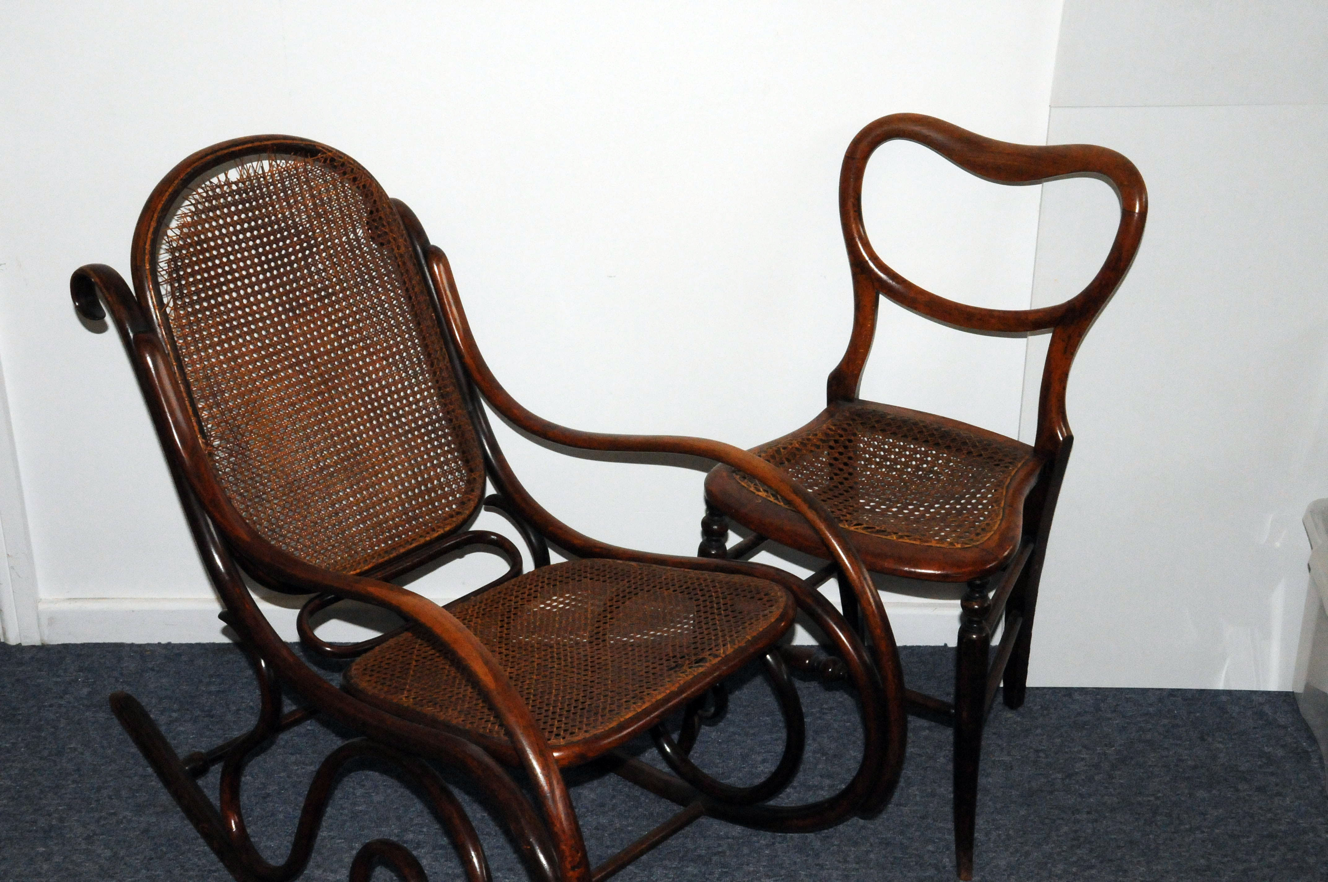 A small Victorian baloon back dining chair, together with a bentwood and rattan rocking chair, in