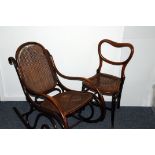 A small Victorian baloon back dining chair, together with a bentwood and rattan rocking chair, in