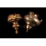 A pair of brass Middle Eastern style hanging oil lamps, now converted to electric, with