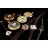 A group of eight wrist and pocket watches, including a 9ct cased gold Avia gents example in box, a