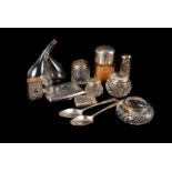 A collection of small silver, including silver capped toiletry jars, a set of six Victorian Old