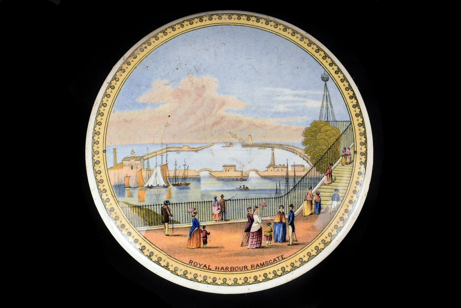 A Staffordshire pot lid, with Royal Harbour Ramsgate