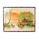 Two Chinese silk framed panels, depicting exotic birds in landscapes, also a modern Asian oil on