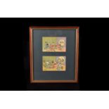 A group of six framed comical prints, including illustrations after Louis Wain, Don Percival and