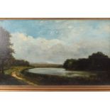 Continental School, early 20th Century, impressionistic oil on board, river landscape with figure,