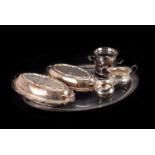 A large silver plated oval twin handled tray, together with a pair of silver plated serving