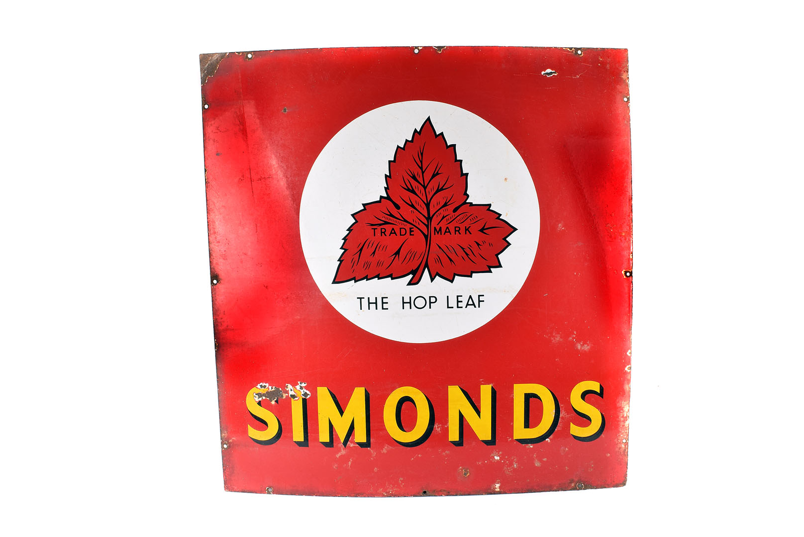 Two vintage enamel advertising signs, with "Simmons & Sons" and "The Hop Leaf" design, some damages,