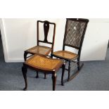 Three items of vintage caned furniture, to include a rocking chair, a dining chair and a stool,