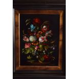 A modern oil on board still life of flowers, possibly by M. Kinarp, framed, together with a print