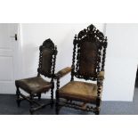 A group of four 19th century Carolean oak dining chairs, including a large carver and three others