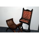 A Victorian walnut and upholstered prayer chair, together with a light walnut X-frame stool (2)