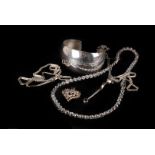 A pretty and modern silver and paste set necklace, together with a cuff bangle marked 925, a gem set