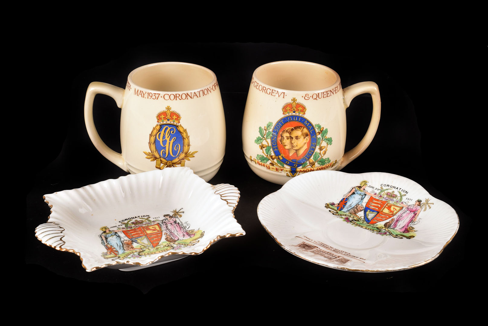 A small collection of Shelley Coronation porcelain, including a circular Box AF, a covered jug,