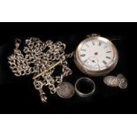 A silver open faced pocket watch, with white enamel dial, three quarter plate cylinder movement, AF,