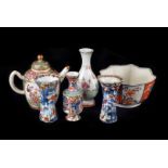 A Chinese Canton tea pot, Republican period teardrop vase plus an oval dish, a pair of sleeve